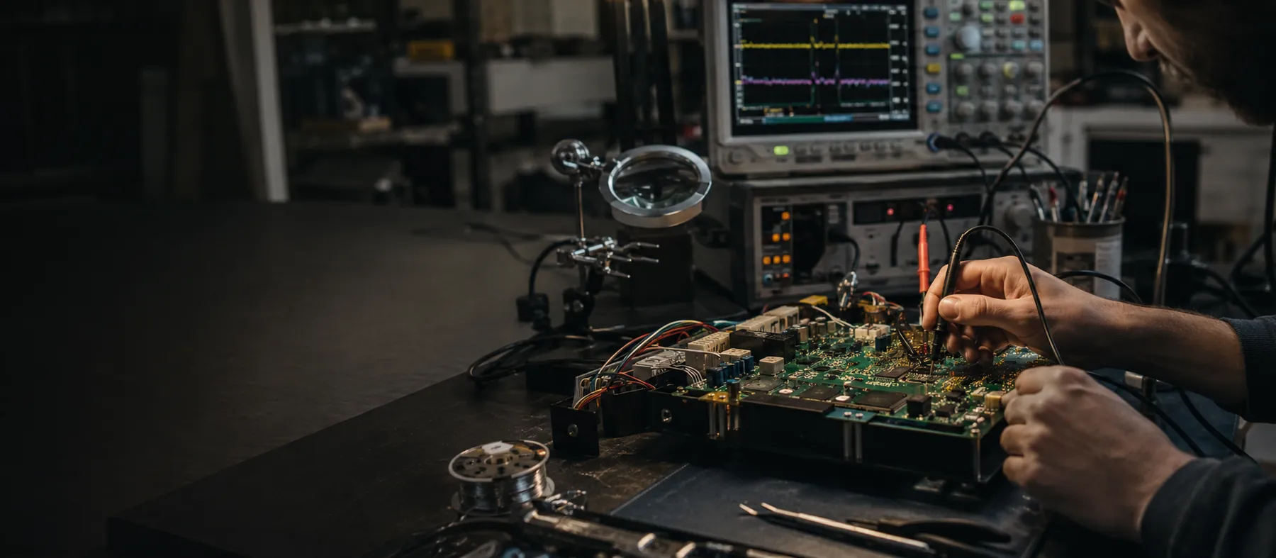 A prototype circuit board under test on the bench, with an oscilloscope and probes