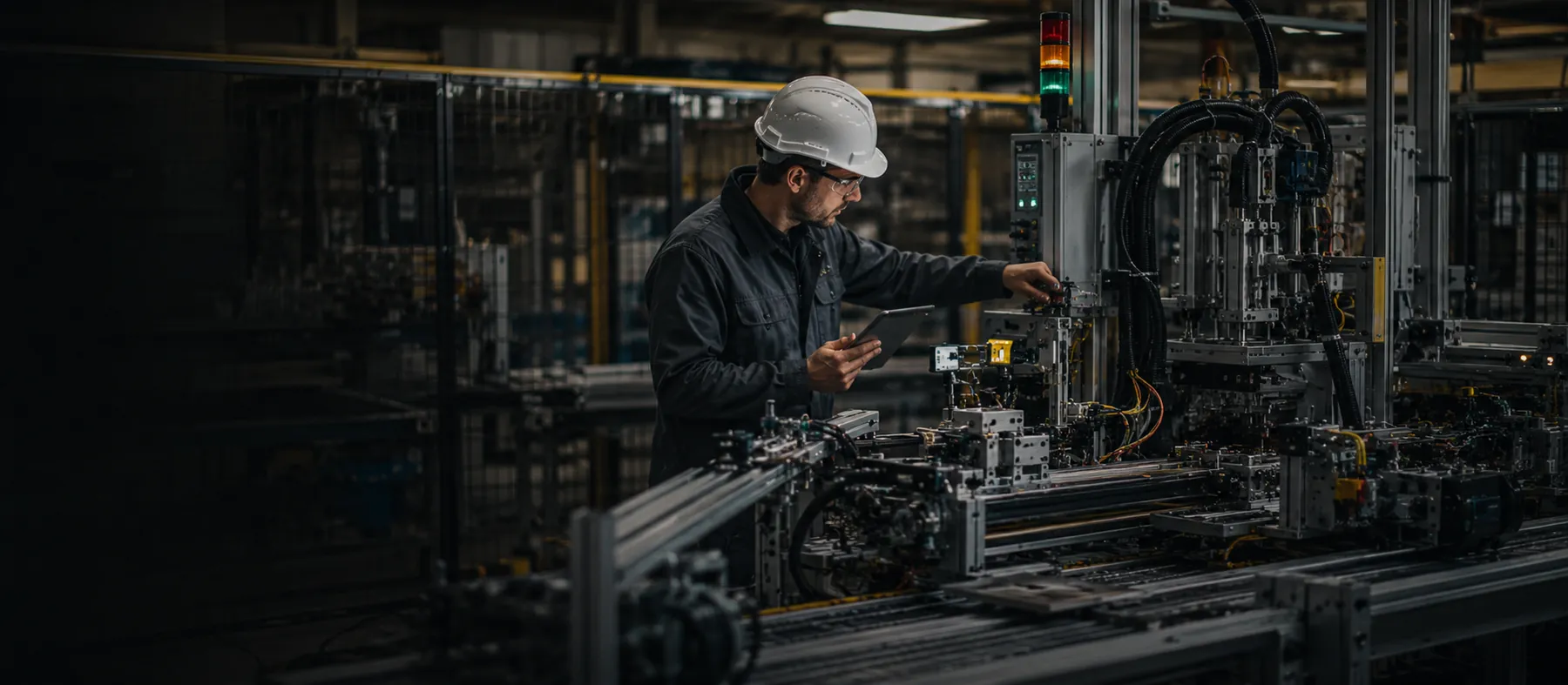 An engineer commissioning hardware on an industrial automation line
