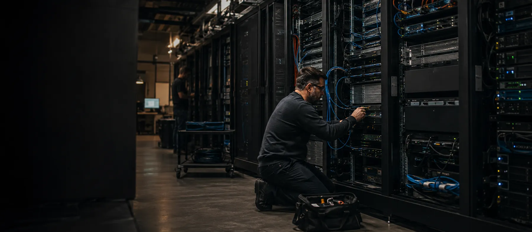 An engineer working on a server rack, routing structured cabling