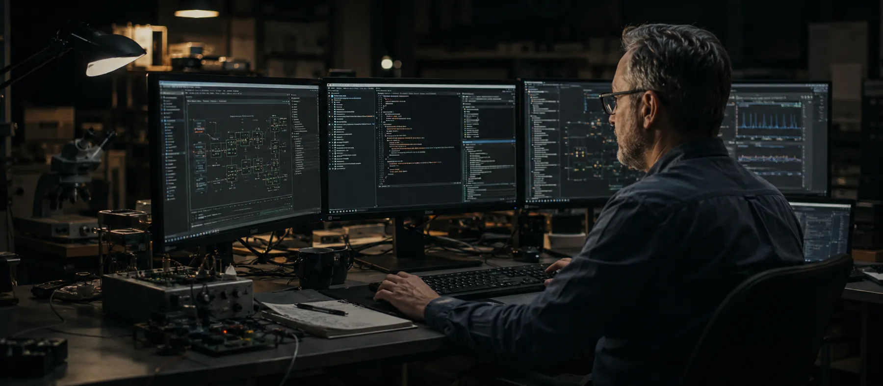 A senior engineer at a multi-monitor workstation, code and system diagrams on screen