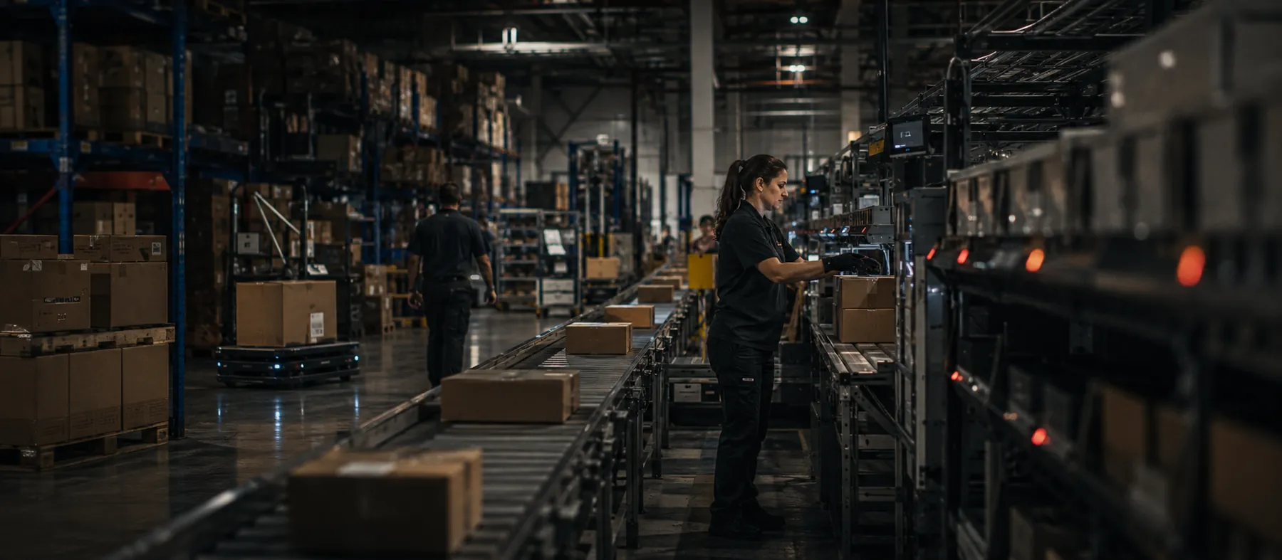A warehouse fulfilment floor with pick-to-light shelving and a conveyor line